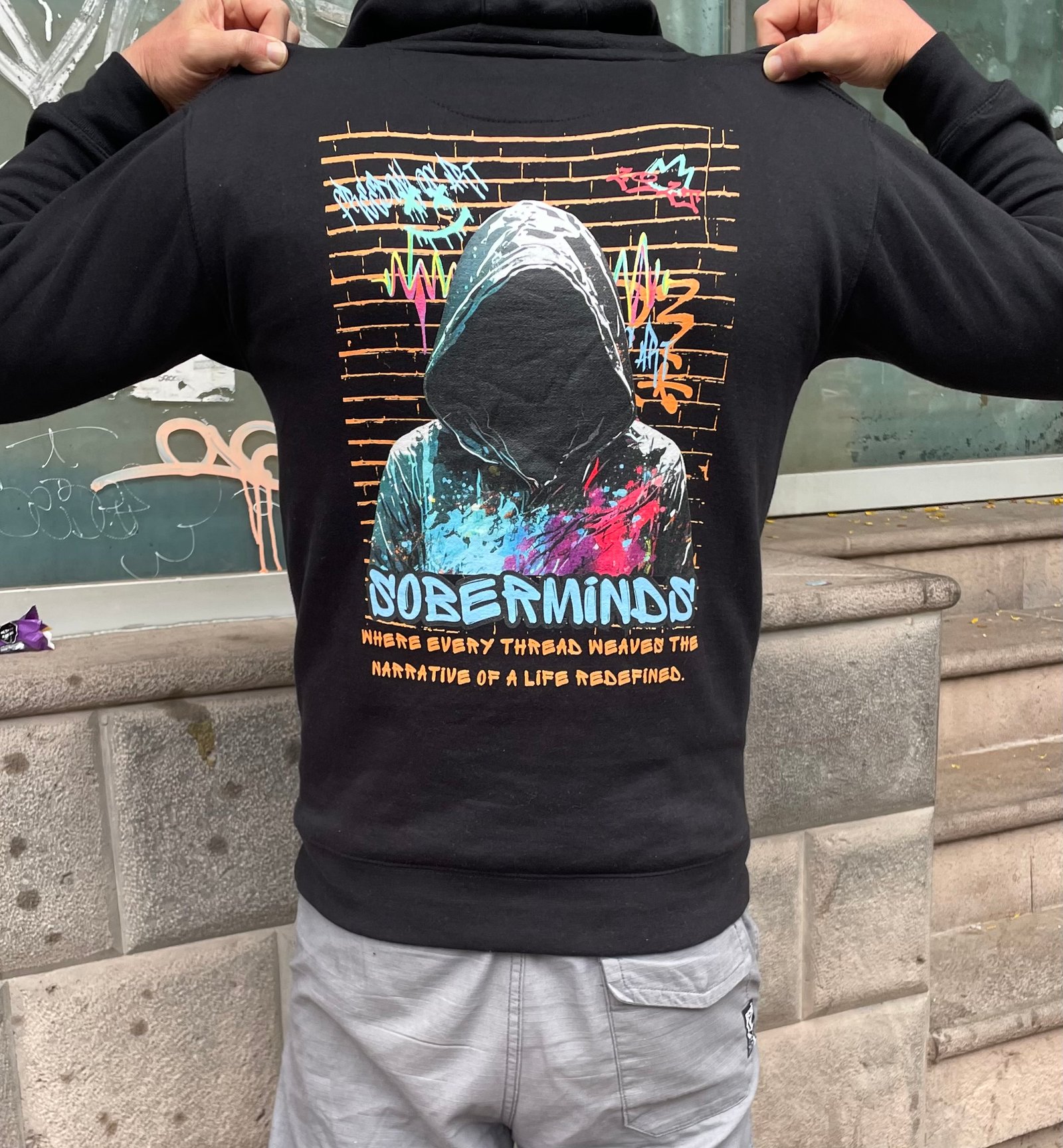 Soberminds recovery hoodie, lifestyle photo one