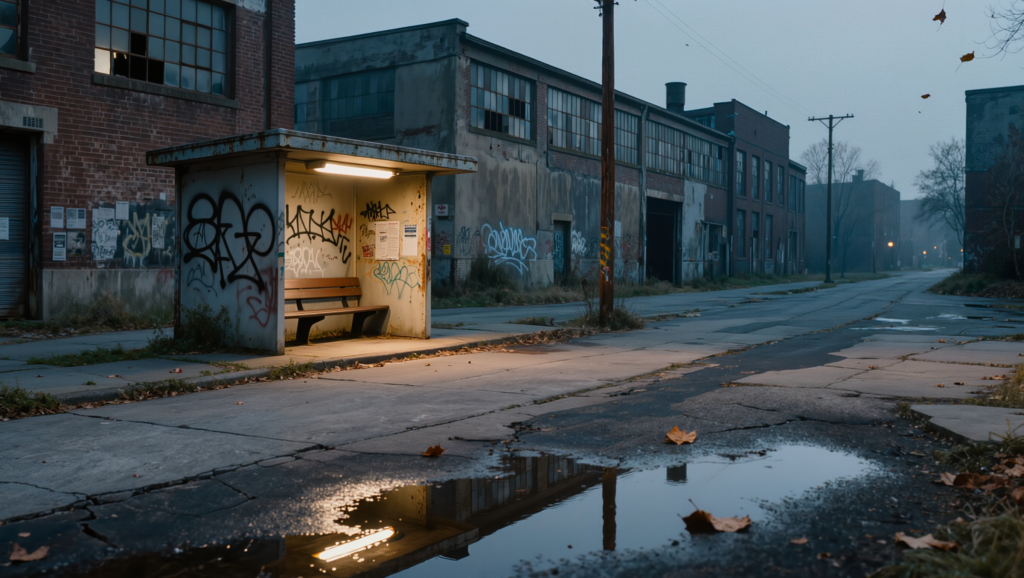 grief in sobriety — an empty lit bus shelter on a quiet street at dusk
