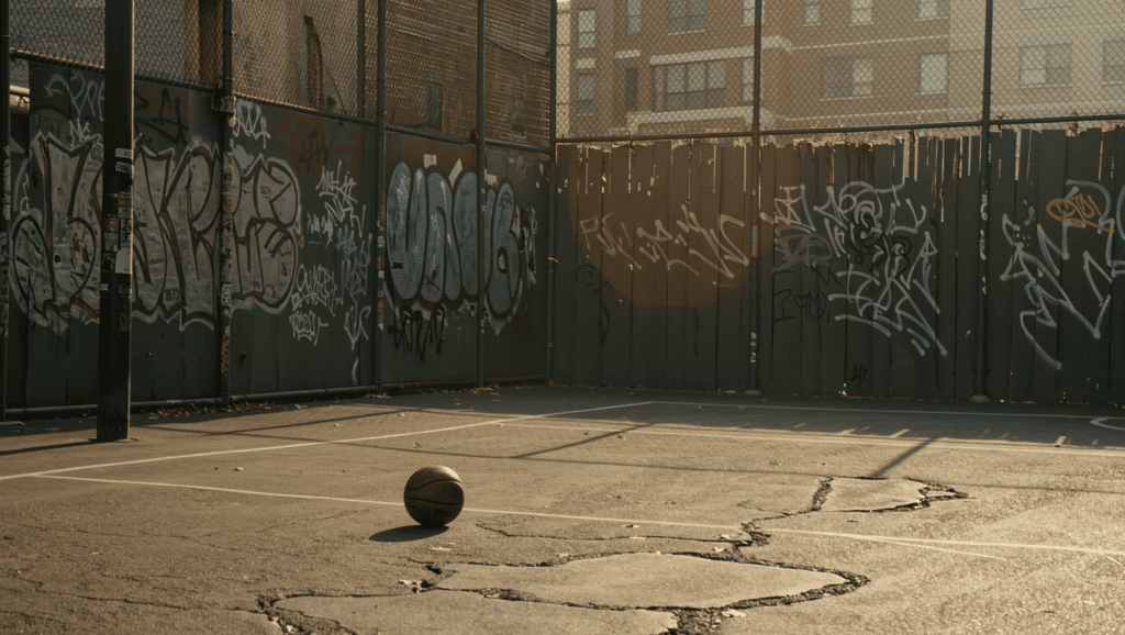 An empty outdoor basketball court in an older urban neighborhood